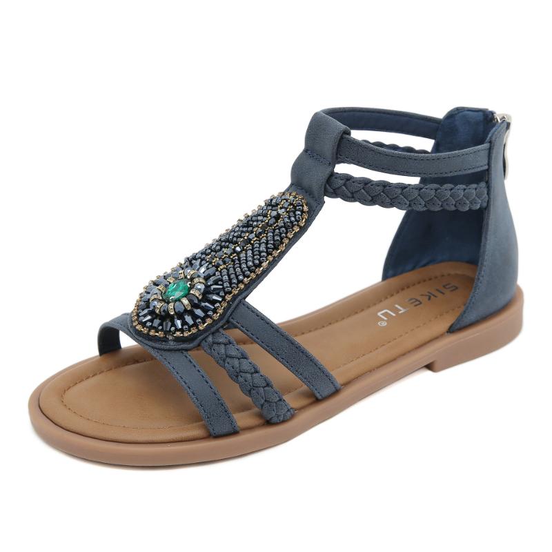 New 2025 Summer Sandals Boho Retro Beaded Zipper Rhinestones Roman Flat Sandals Comfortable Ethnic Style Fashionable Casual