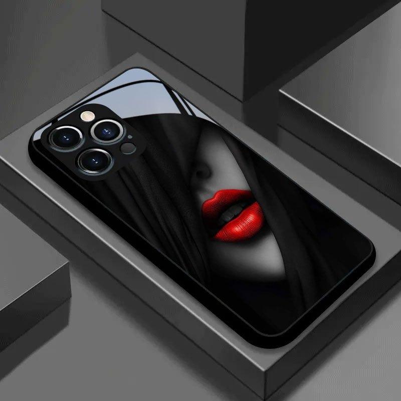 Black Veil Face Red Lips Pattern Tempered Glass Phone Case For iPhone 17 16 15 14 13 12 11 Pro Max 17 Air 7 8 Plus XS X XR Cover iPhone 7 Plus
