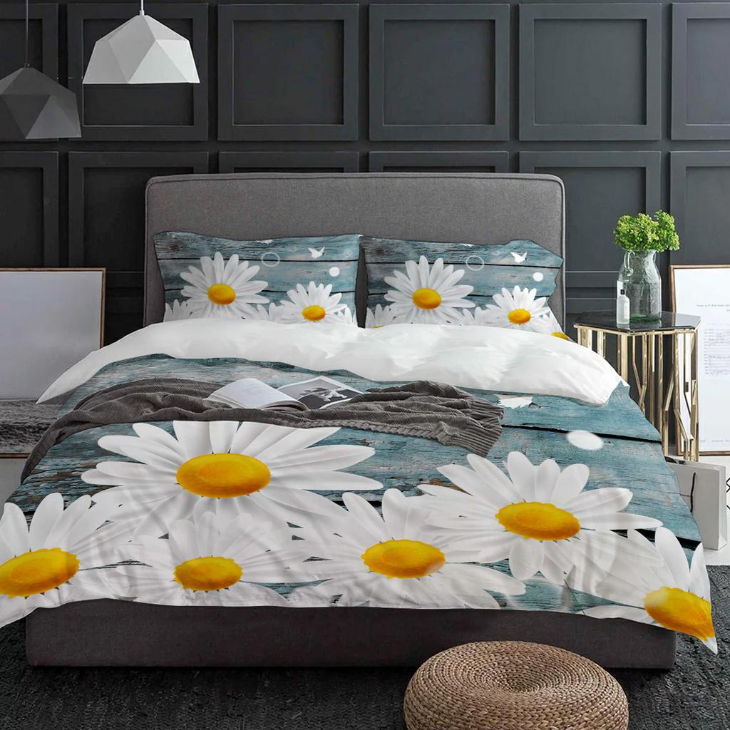 Weiße Gänseblümchen Schmetterling Holzmaserung Blume Bettbezug mit Kissenbezug Kundenspezifisches 3-teiliges Bettwäscheset Steppdeckenbezug Doppelbett Heimtextil
