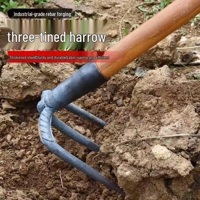 Set de unelte agricole forjate manual: greblă cu trei dinți pentru arat, greble cu doi dinți și cu patru dinți pentru greblat și afânarea solului.