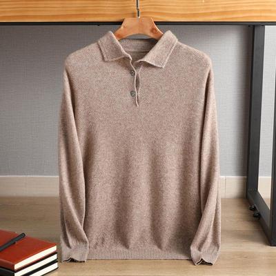 Men's Knitted Pure Wool Polo Shirt - Long-Sleeve Turn-Down Collar for Business Casual Wear