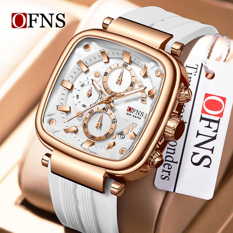 OFNS Men's Square Quartz Chronograph Watch: Luminous, Waterproof, Six-Hand Design, with Calendar for Casual or Commuter Wear.