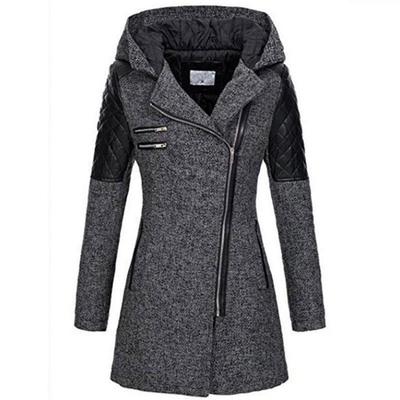 Women's Warm Winter Coat Mid Length Woolen Hooded Windbreaker with Oblique Zipper