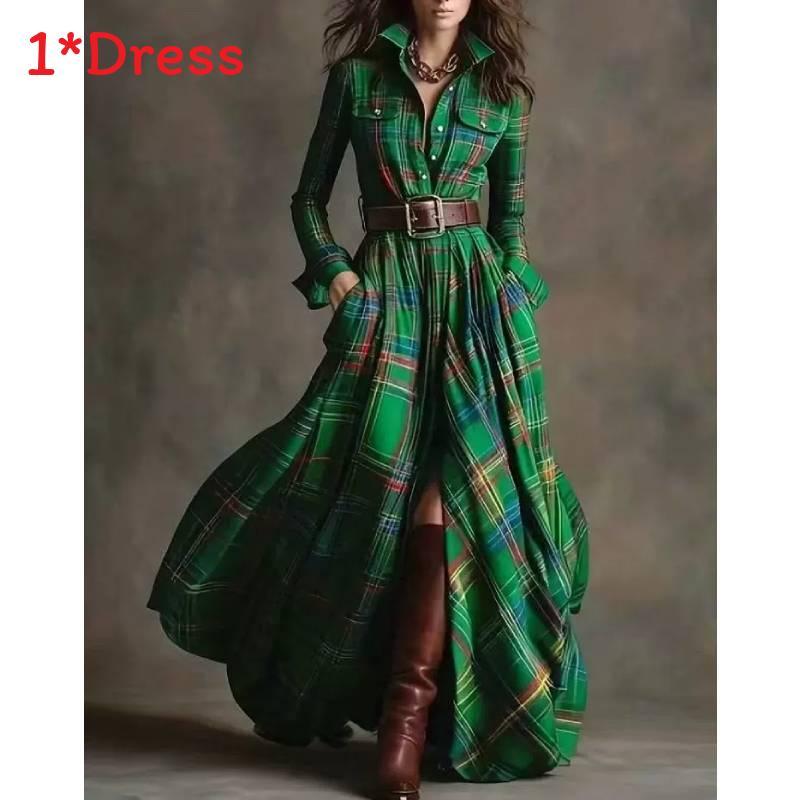 Vintage Plaid Long Sleeve Dress With Pockets For Autumn Fashion Enthusiasts