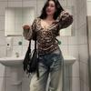 Women's Leopard Print Off-Shoulder Long-Sleeve Top with Camisole Overlay