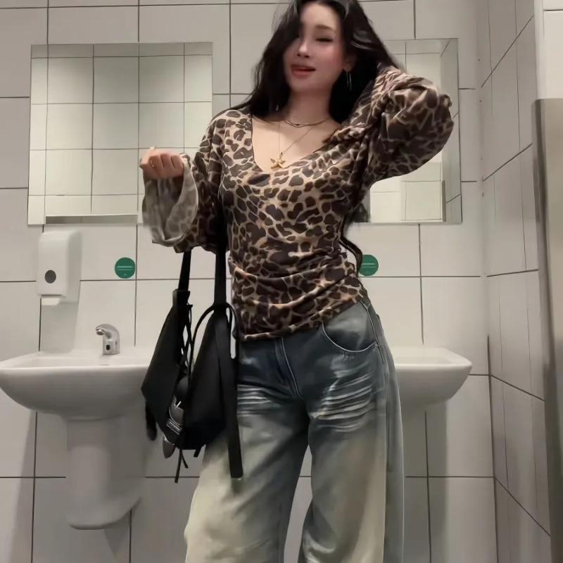 Women's Leopard Print Off-Shoulder Long-Sleeve Top with Camisole Overlay