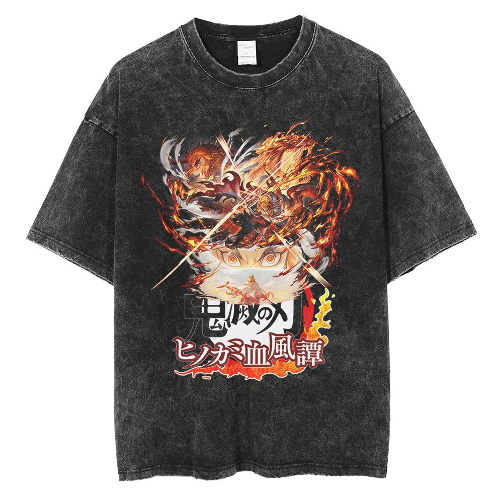 Anime Demon Slayer Rengoku Kyoujurou Graphic Printed Tshirt Men Women Manga T-shirts Washed Cotton Tee Harajuku Male T Shirt