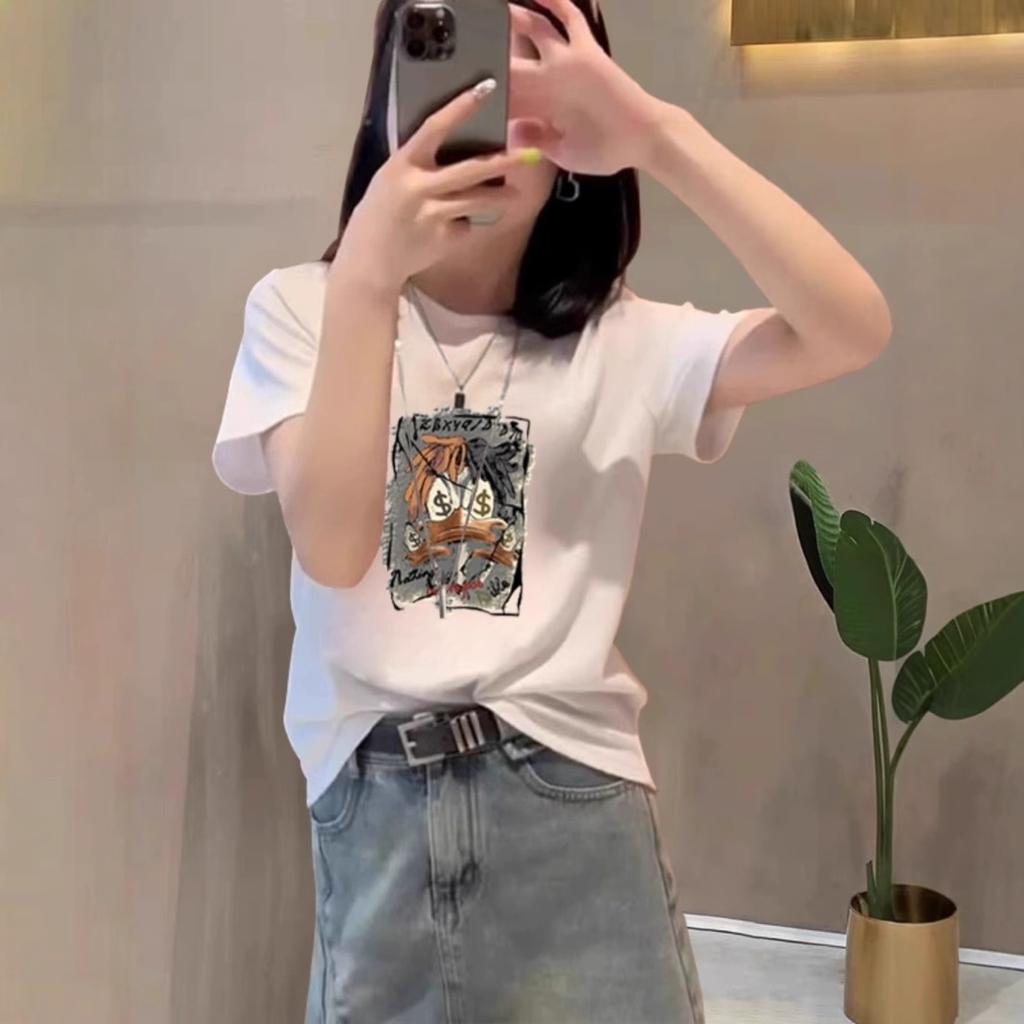 2025 new shoulder pure cotton cartoon short-sleeved T-shirt women's fashion versatile and thin apricot top bottoming shirt summer