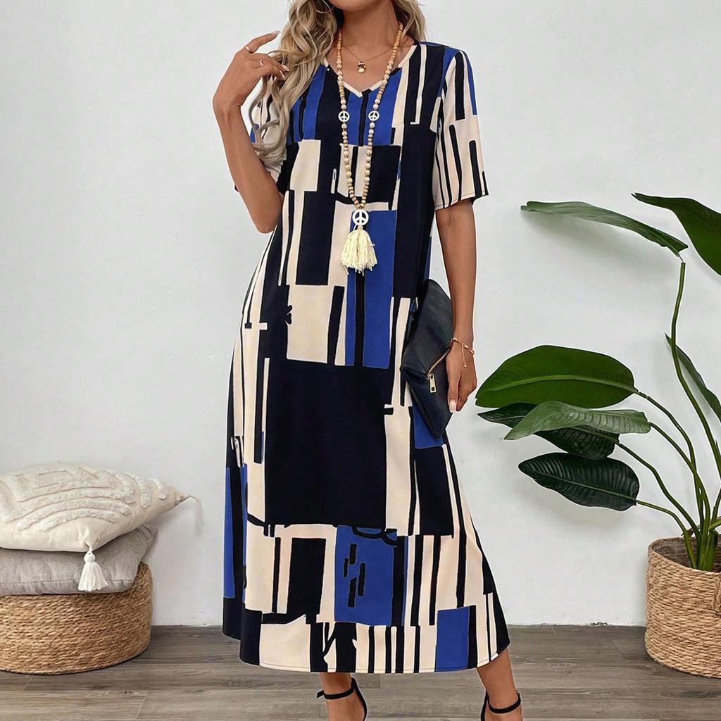 Summer New Women's Floral Print V-neck Short Sleeve Loose Long Midi Dress Casual European American Style for Women