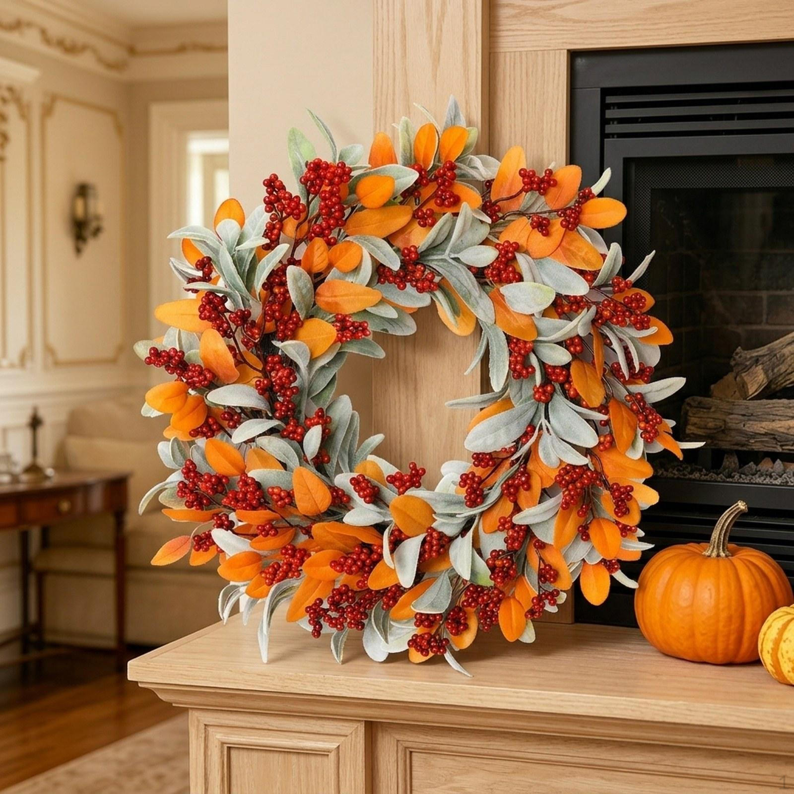 Artificial Fall Wreath with Ears Leaves Versatile Hanging Ornament Seasonal Garland for Front Door