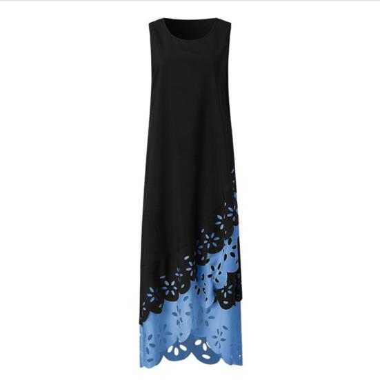 Women's Summer Fake Two Piece Swing Maxi Dress Casual Crew Neck Long Dress Hollow Flower Irregular Hem Sleeveless Tank Dress