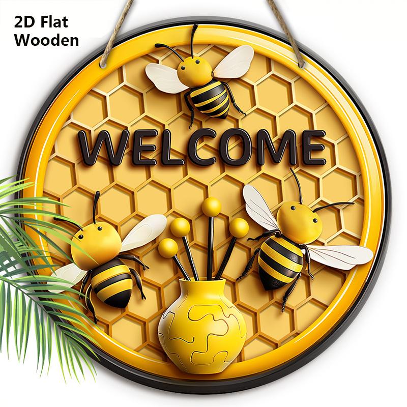 

Деревянная приветственная табличка в деревенском стиле с очаровательными пчелами и цветочным узором - Деревянная декоративная подвесная табличка в виде улья для входной двери, настенный декор 20cm/7.87in жёлтый