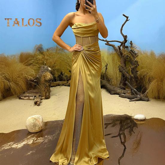 Vestido de noche para mujer, estilo bandeau, sin mangas, con hombros descubiertos, plisado, con nudo, de malla, con parches, brillante, con lentejuelas, vestido de baile de satén, largo hasta el suelo, para banquetes y fiestas de graduación