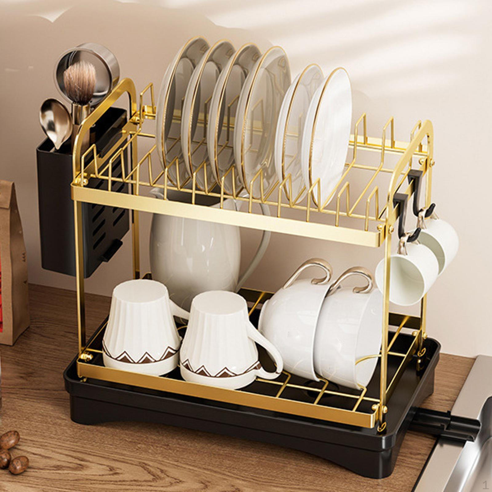 

Dish Rack Drainer 2 Tier Organize, Reliable, Neatly for Kitchen Counter Utensil Holder Cups золотий