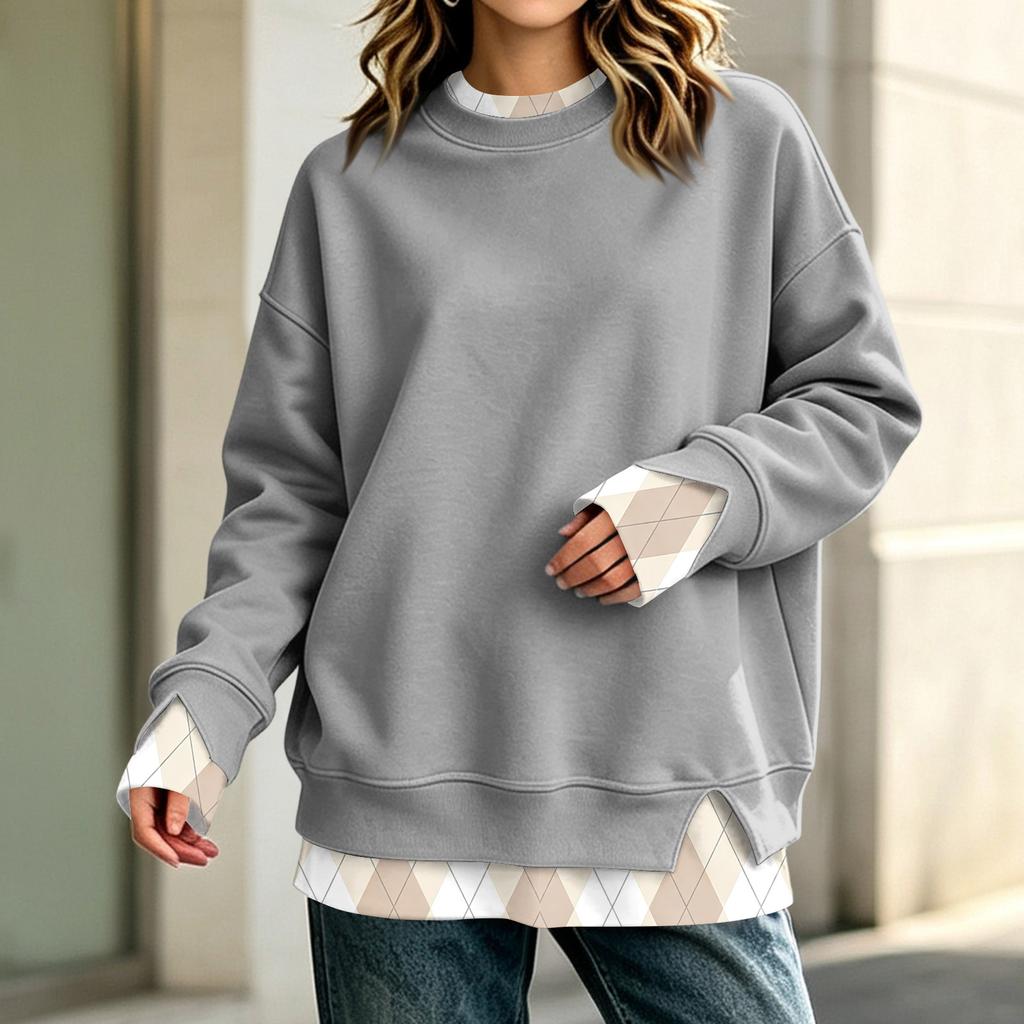 Women's Casual Long Sleeve Loose Fit Sweatshirt with Two-Piece Layer Design