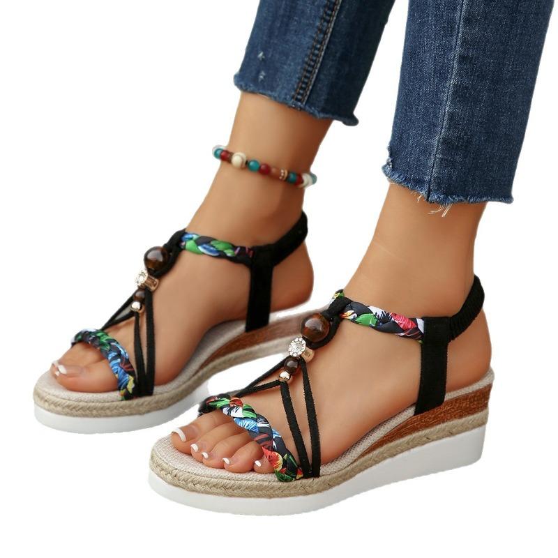 Women's Wide Width Ethnic Sandals, Beaded Elastic Wedge Slides, Wholesale Summer Shoes in Stock