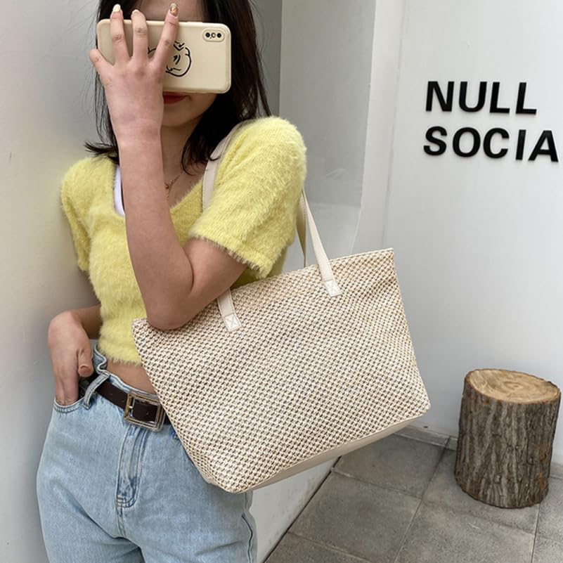 [DEARMAMY] 1 Handbag, Women's Tote Bag, Straw Beach Tote, Straw Tote, Women's Shoulder Tote Bag, Raffia Bag, Woven Tote, Summer Bag, Pu Leather, Beige