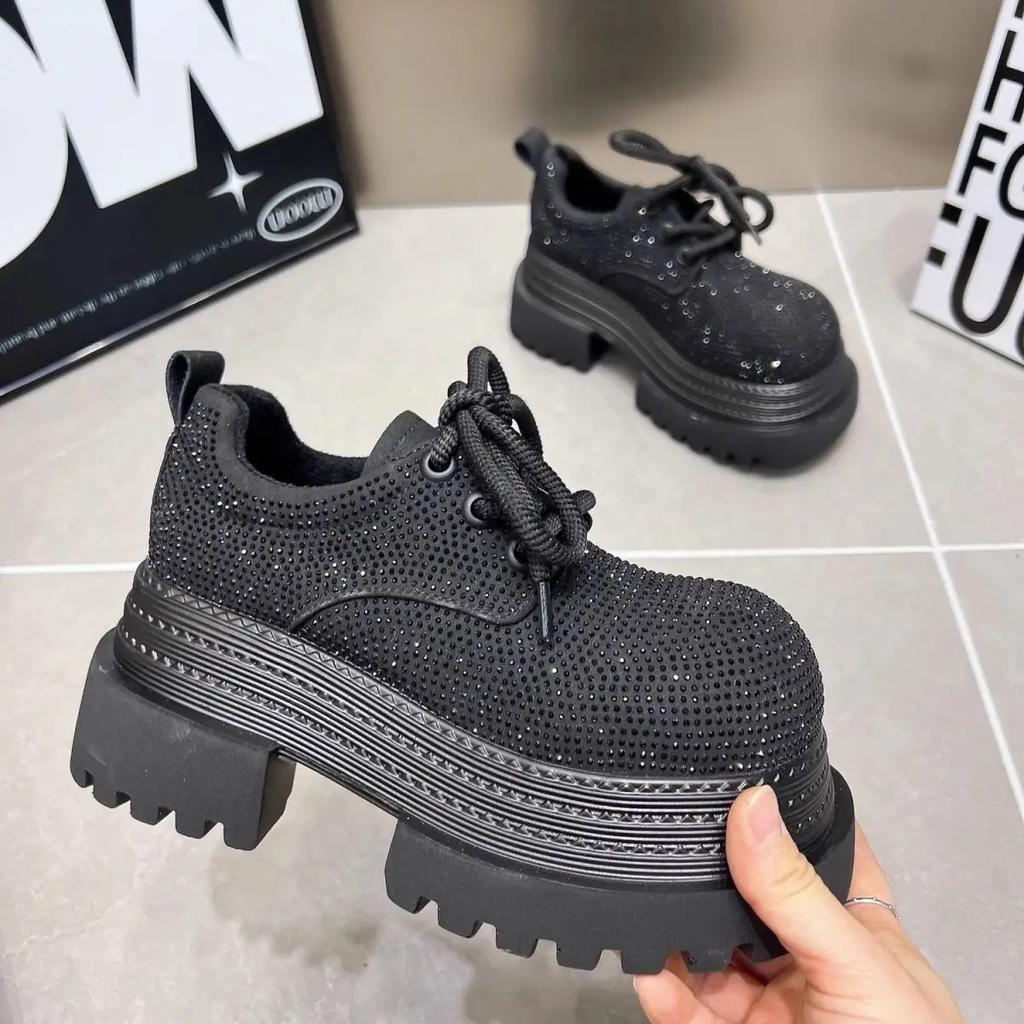 Scarpe da Donna di Lusso con Strass Stivali da Motociclista alla Moda con Lacci Stampa Leopardo Suola Spessa Leggere High Street Sneaker da Donna