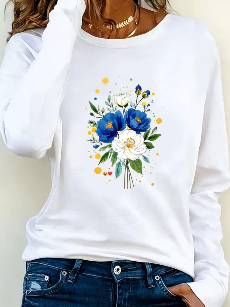 (Asian Size) Tee Lady Printed o-neck trend flower lovely Long Sleeve T Shirt Women Female Clothing Casual Fashion Top Graphic T-shirts