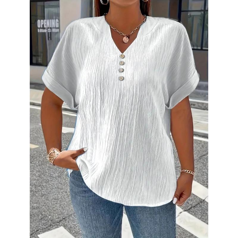 V Neck Casual Simple Summer Blouse Large Size Short Sleeve Fashion Elegant Buttons Shirts Ladies Solid Color Office Tops Elegant Sweet Clothing
