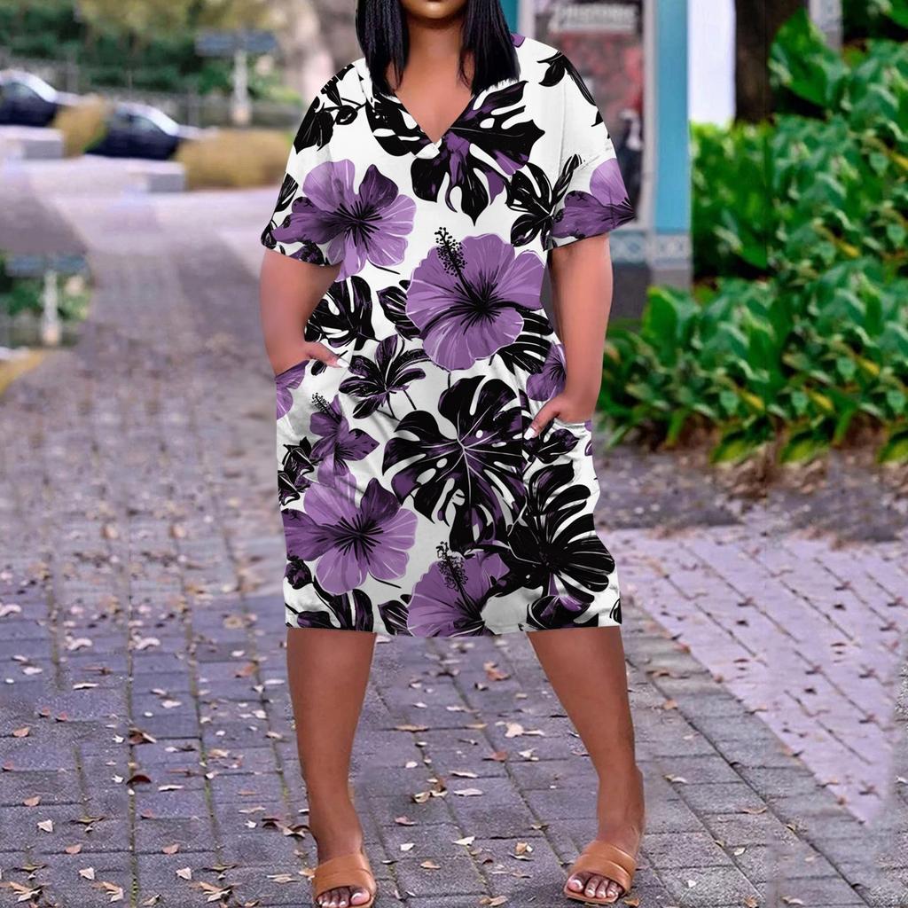 Summer Plus Size V Neck Short Sleeve Knee Pocket  Print Casual Dress For Women