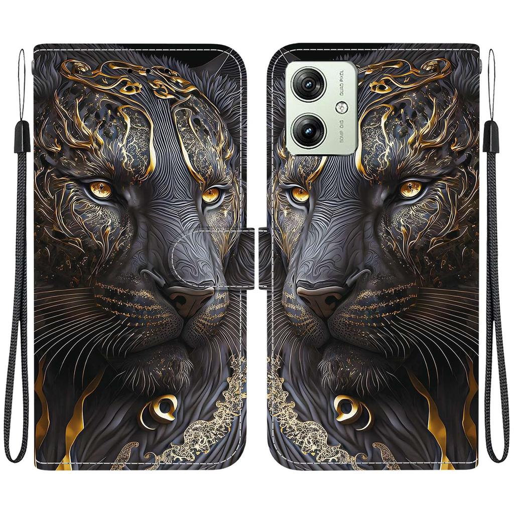 Handmade PU Leather Flip Case for Motorola Moto G54 Anti-Slip Shockproof Cover with Wrist Strap & Heart/Rose Cat Designs