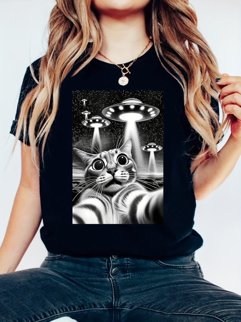 Cat's Selfie & UFO Print T-shirt, Casual Short Sleeve Crew Neck Top For Spring & Summer, Women's Clothing