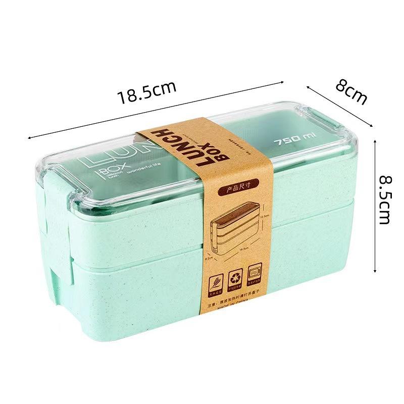 Japanese Double-layer Lunch Box,Ins Wind Fresh-keeping Box, with Fork and Spoon Plastic Double Layer Portable Lunch Box