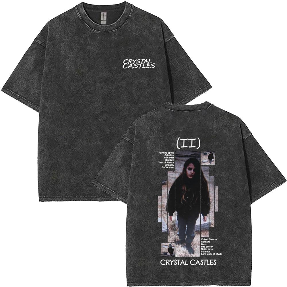 T-shirt Grafica Vintage Lavata Crystal Castles Uomo Donna Retro Gotica Rock Oversize T-shirt Maschile Cotone di Alta Qualità