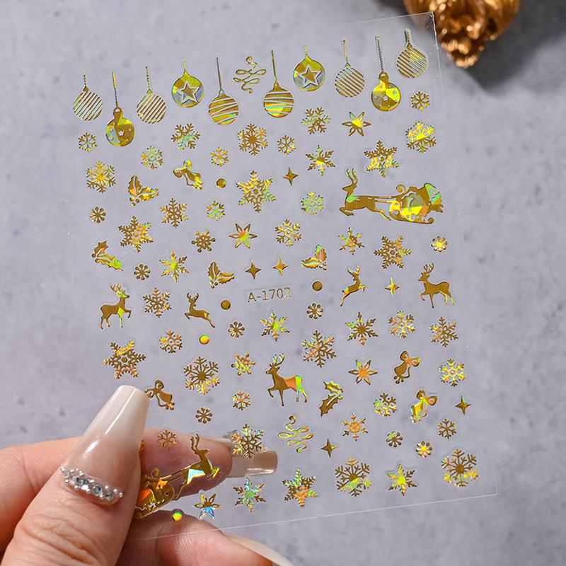 1Sheet Christmas Decorations 2026 New Year Nail Stickers Press On Nails Laser Snowflake Snowman Christmas Tree 3D Nail Decal