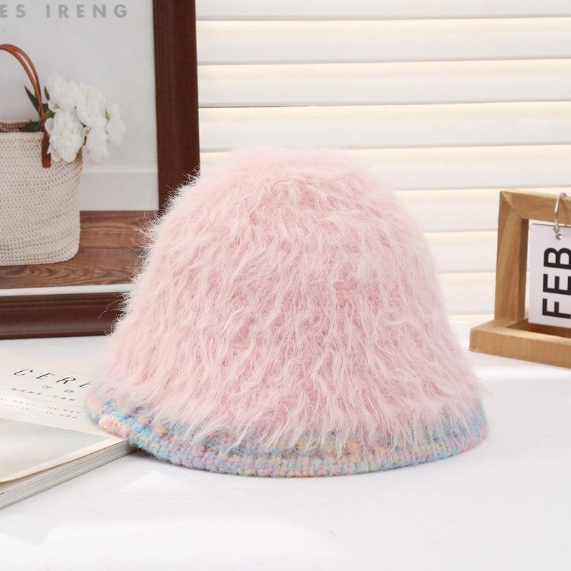 

Осенне-зимняя милая однотонная шляпа-ведро в корейском стиле, плюшевая вязаная шерстяная шапка, теплая маленькая шапочка с изображением лица для девочек розовый