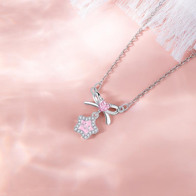 Collier Étoile Design Original Tempérament Zirconium Rose Amour Nœud Acier Inoxydable Chaîne Clavicule pour Femmes