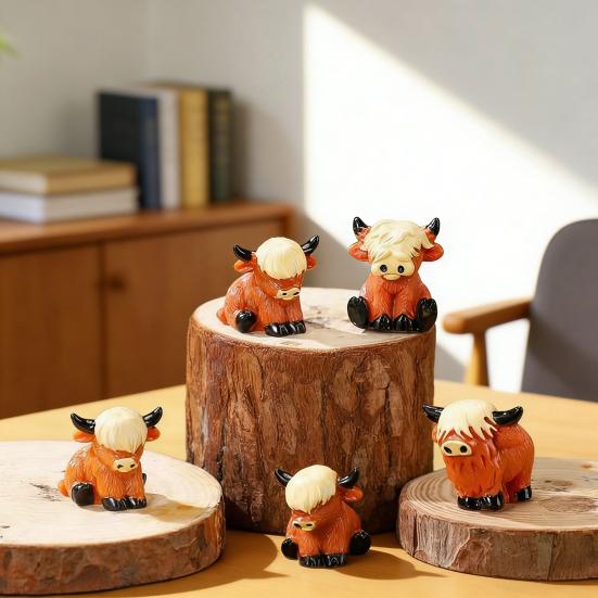 Mini-Hochlandrinder-Figuren Handgefertigte Harz-Miniatur-Rinderstatue Niedliche Bauernhoftier-Skulptur für Haus, Garten, Büro, Schreibtisch Dekor DIY Mikro-Landschaft