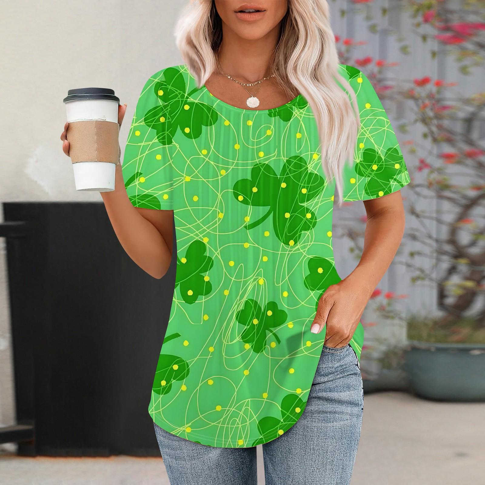 

Женская модная повседневная плиссированная круглая горловина St. Футболка с короткими рукавами и принтом ко Дню Святого Патрика XXL