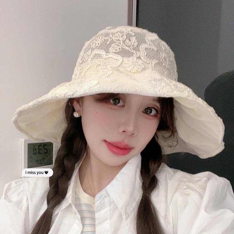 Spring and Summer Thin Bucket Hat Women's Lace Embroidered Sun Hat Big Eaves UV Protection Sun Hat