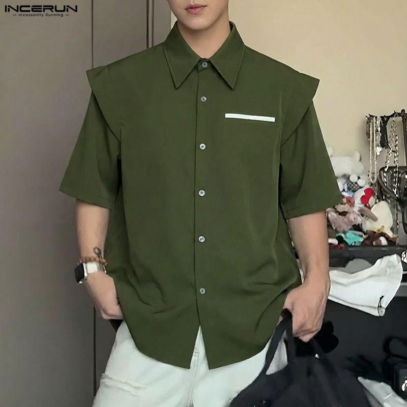 INCERUN Oversized Men Lapel Neck Short Sleeve Fake Two-piece Casual Shirts Tops
