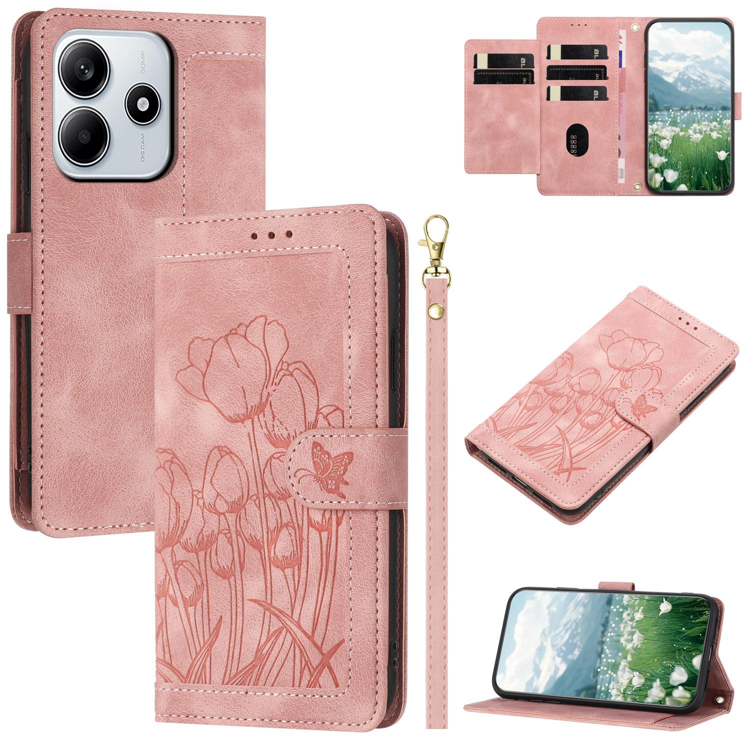 

For Xiaomi Redmi Note 14 5G Tulip Leather Case Phone Cover with 5 Card Slots Wallet Pink