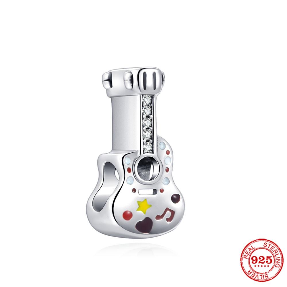 Bracelet Perles Charms Note de Musique Guitare Piano Cœur en Argent Sterling 925 Bijoux DIY pour Femmes