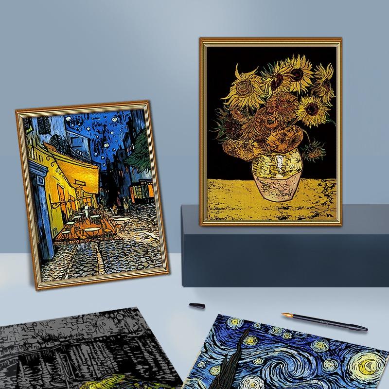 4 Pcs/Set 40.5X28.5 Cm Diy Scratch Painting Vincent Van Gogh Sunflowers The Starry Night Artwork Scratch Painting Drawing Toys