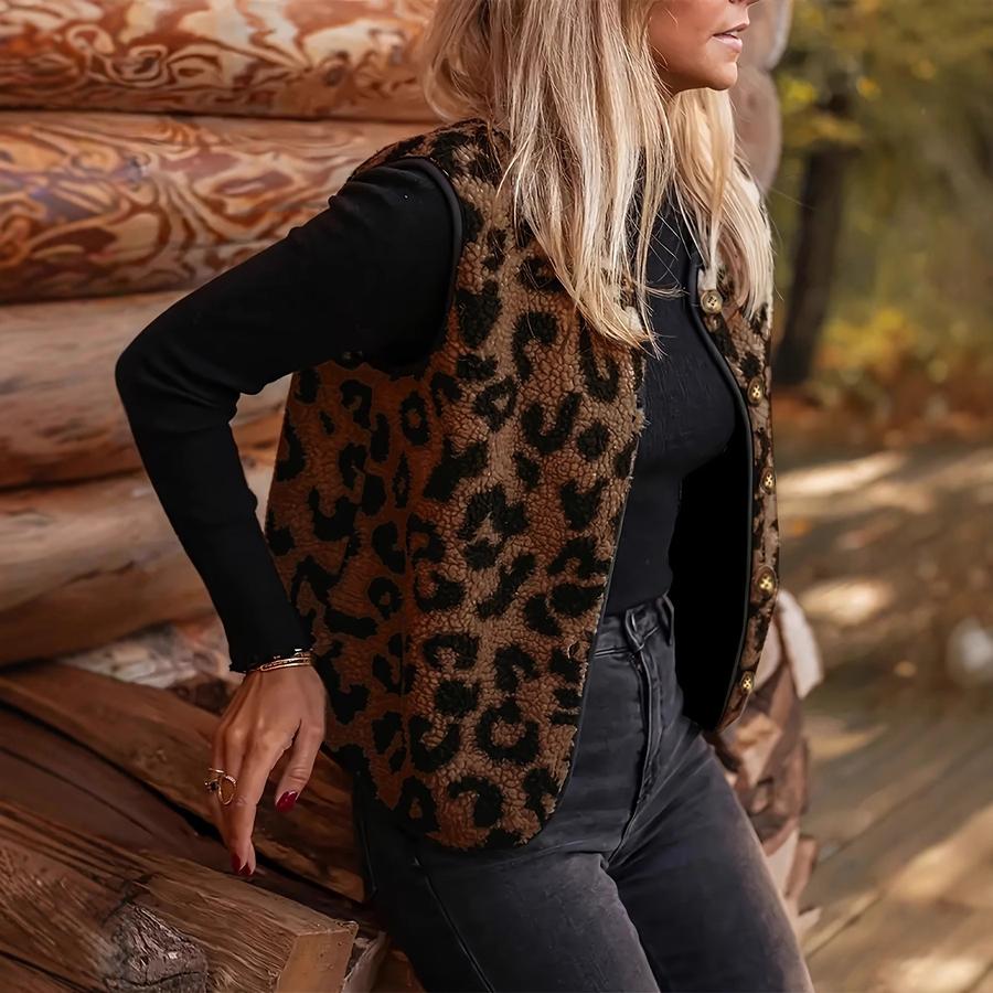 Autumn Winter Leopard Print Faux Fur Vest Women's Sleeveless Casual Coat