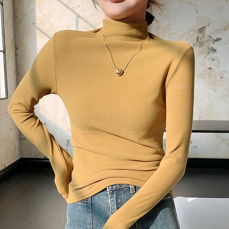 H679 Women's Slim Fit Half-High Collar Long-Sleeve Solid Color Warm Top for Autumn/Winter