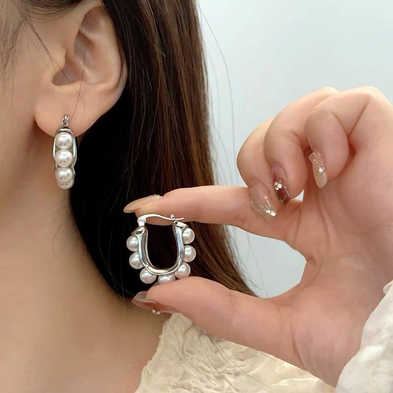 Gold Geometric Pearl Studs & Hoop Earrings with Ear Cuffs – High-End Accessories for Women
