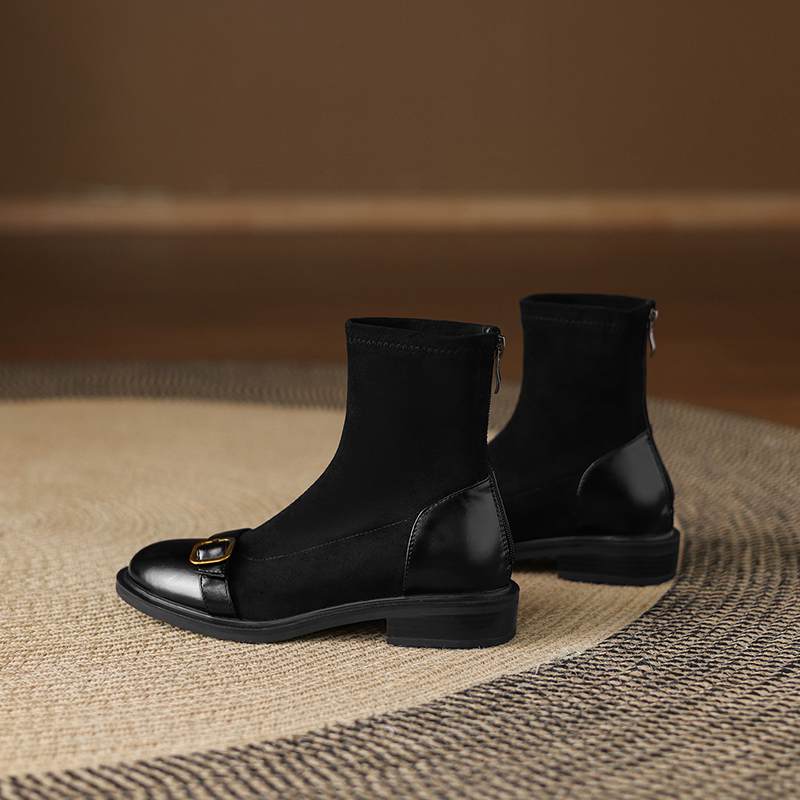 Krazing Po Microfiber Flock Winter Round Toe Size 33 Chelsea Boots Size 43 Zipper Metal Buckle Low Heels Ankle Boots