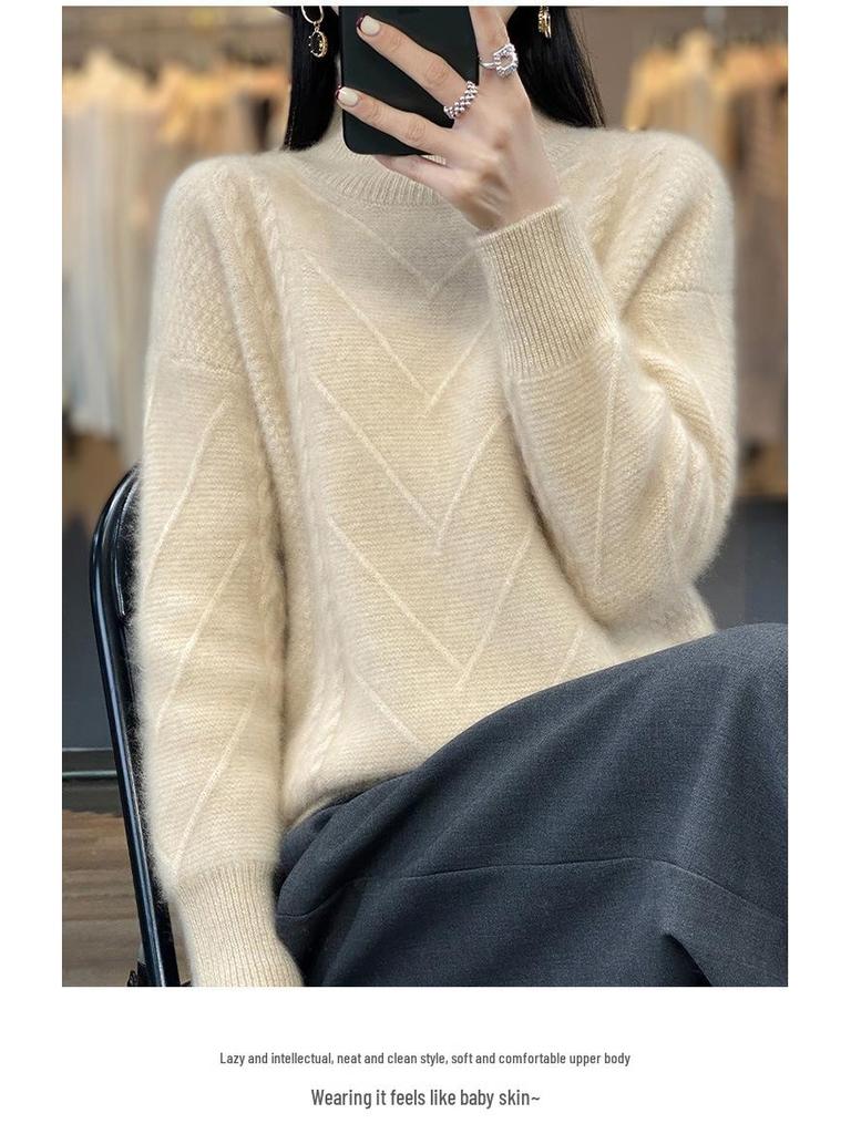 Women's 100% Wool Knitted Sweater - Autumn/Winter, Thick, Semi-High Neck, Lazy Style