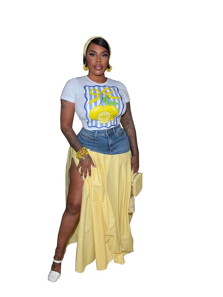 European & American Women's Sexy Fashion T-shirt and Denim Patchwork High-Waist Split Plaid Skirt Set