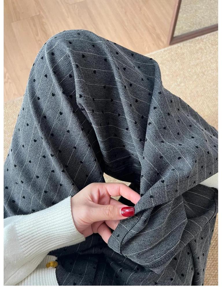 Gray Heart Flocked High Waist Wide-Leg Casual Pants for Women - Spring/Autumn 2025