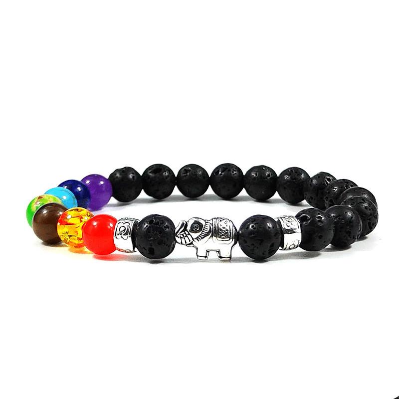 Colorful Volcanic Lava Stone & Elephant Beaded Bracelet – Yoga Hand Accessory for Men and Women