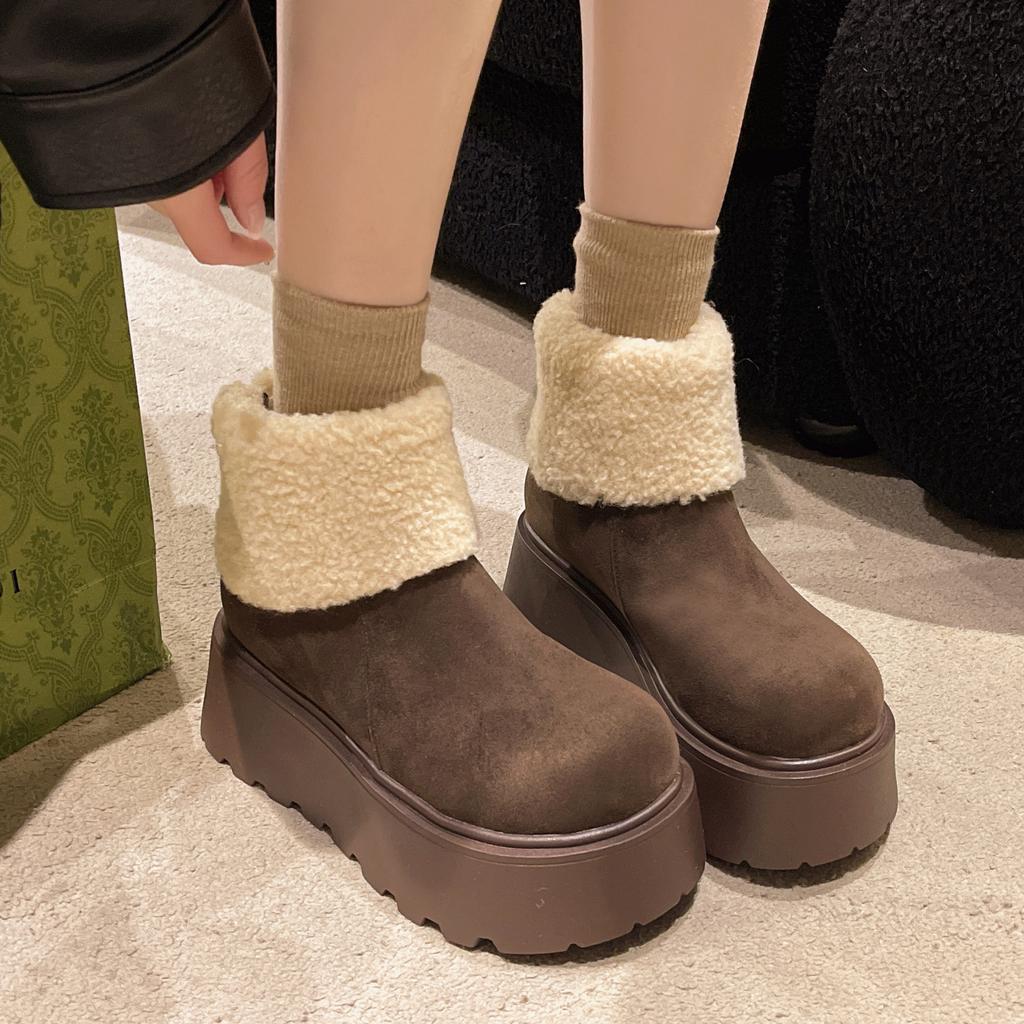 Frosted Lapel Two Wear Fluffy Snow Cotton Boots 2025 Winter New Thick-soled Muffin Small High-heeled Short Boots Women
