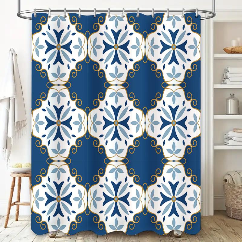 Blue White Ceramic Tile Pattern Shower Curtain Waterproof Bath Decor Home Decoration For Bathroom Accessories Set In Kitchen Din