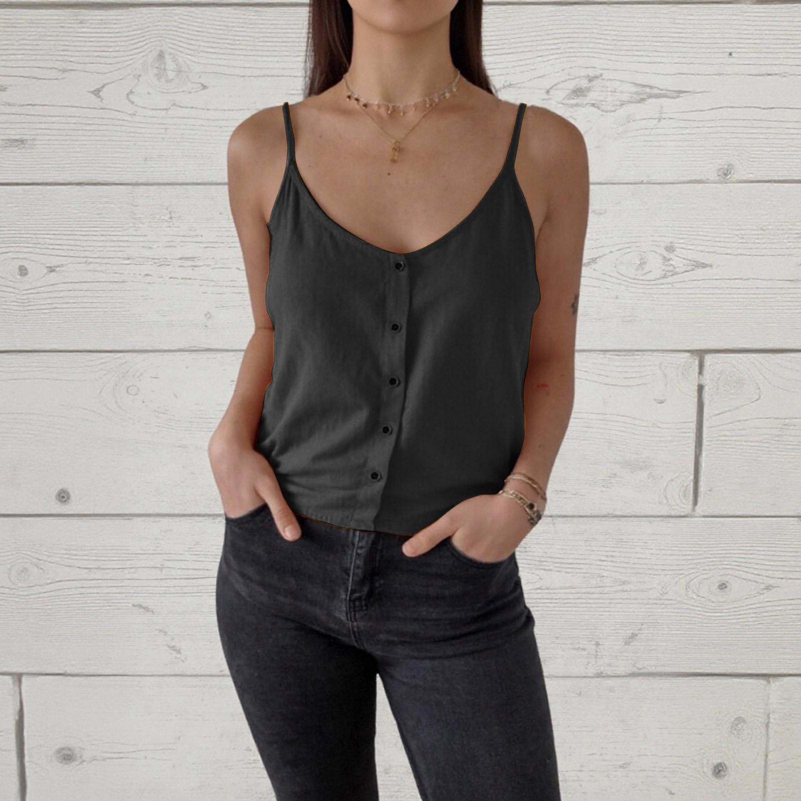 

Женский U-образный топ-майка из хлопка и льна свободного кроя на бретелях с пуговицами L чёрный